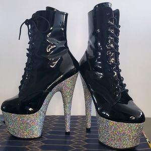 Patent Pleaser Boots with Holographic Glitter Heel, 7 inch Heel, size 8